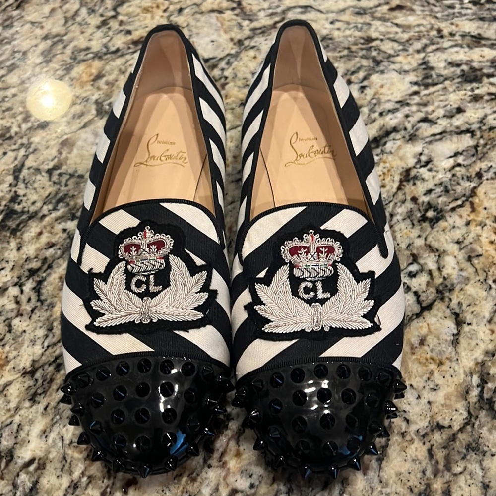 Red bottoms flats stripped with studs and cl crown embroidery